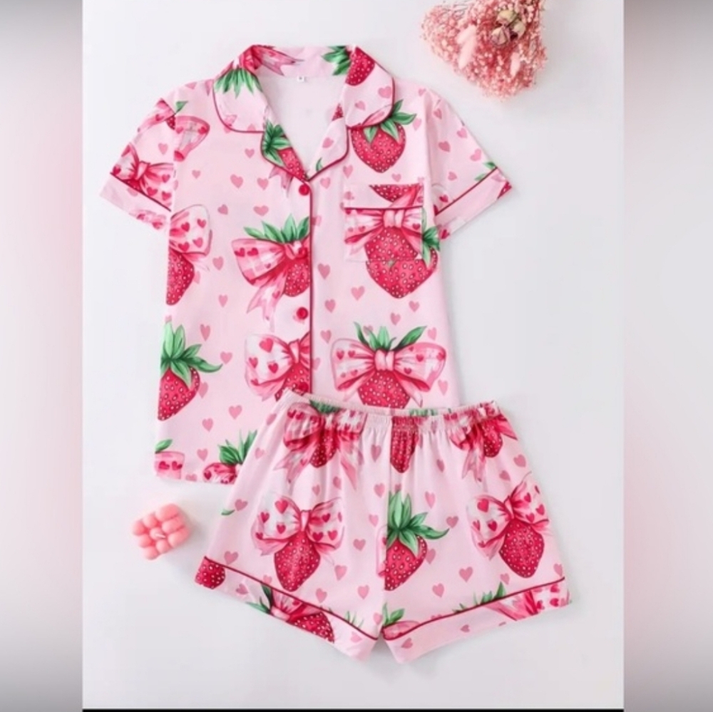 Strawberry 2PC Satin Pajama Set Shorts And Button Front Top XXL